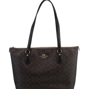 Coach Dark Brown Signature Canvas Tote with Black Leather Straps